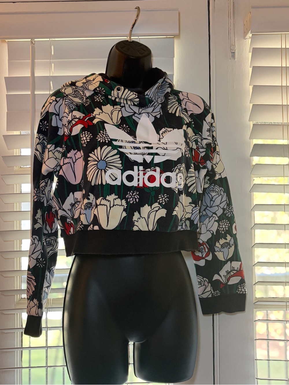 adidas Black Floral Cropped Hoodie with White Logo